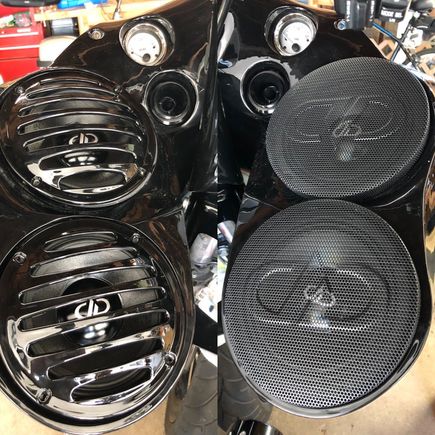 Was trying to decide on what speaker grill. The bike is going to be painted White Diamond Pearl with alot of black accents. so decided on the glossy black grills. Although the DD grills are sick