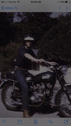 Sorry about photo quality from old Kodak days. Me on my ‘68 Daytona. I was probably 15 at the time. Wish I had that bike today. I saw one on eBay a while ago that had been in a hurricane in Florida. Had been underwater and everything totally rusted. Went for $1800 IIRC. 