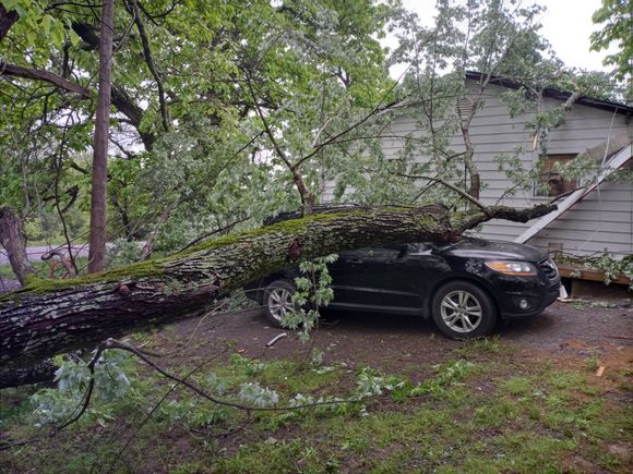 Well the pic says it all been alot of bad storms in Arkansas this year. The car is totaled and from of all the storms theres not a rental car available anywhere. Because of that my Dyna is our only form of transportation until this gets settled . When I was young a bike was my only way to get around so I guess Im going to be riding alot more.