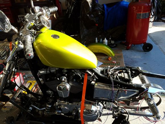 Rewired front headlight, brake light, and with new tank installed.