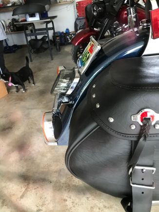 Custom Dynamics low profile integrated light and lay down plate assembly. She wanted to keep the turn signal bar though. I like it better without it but, hey, it is her bike.