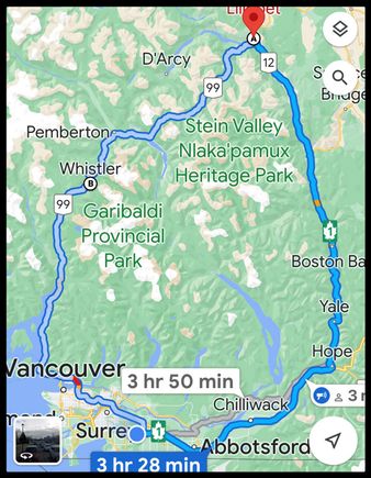 Langley to Whistler… Over Duffy Lake Road (Hwy 99) to Lillooet, down a piece of unknown road to Linton… And then down the Fraser Canyon to Hope… & home to Langley. 