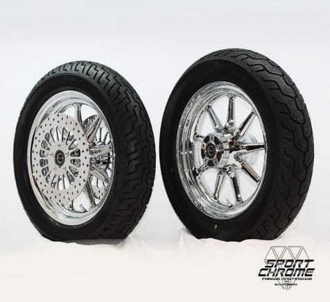 9 spoke chrome wheels with Dunlop tires, mirror polished discs and chrome disc hardware