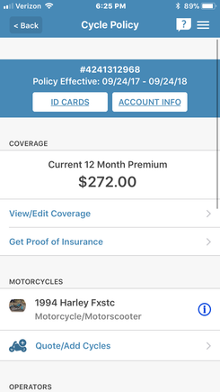 94 FXSTC, full coverage $50 deductable
Geico