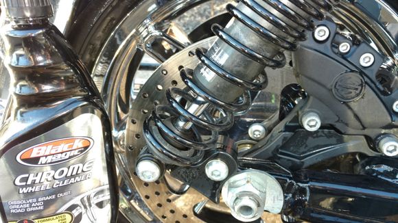 Added 12" HD premium rear shocks, HD premium low single cartridge front (low) when I chromed out the front end, and added narrow primary so my feets can reach the ground. 
