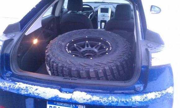 Picked up my spare tire in the Chevy Volt.  Not a nice thing to do to a borrowed car.