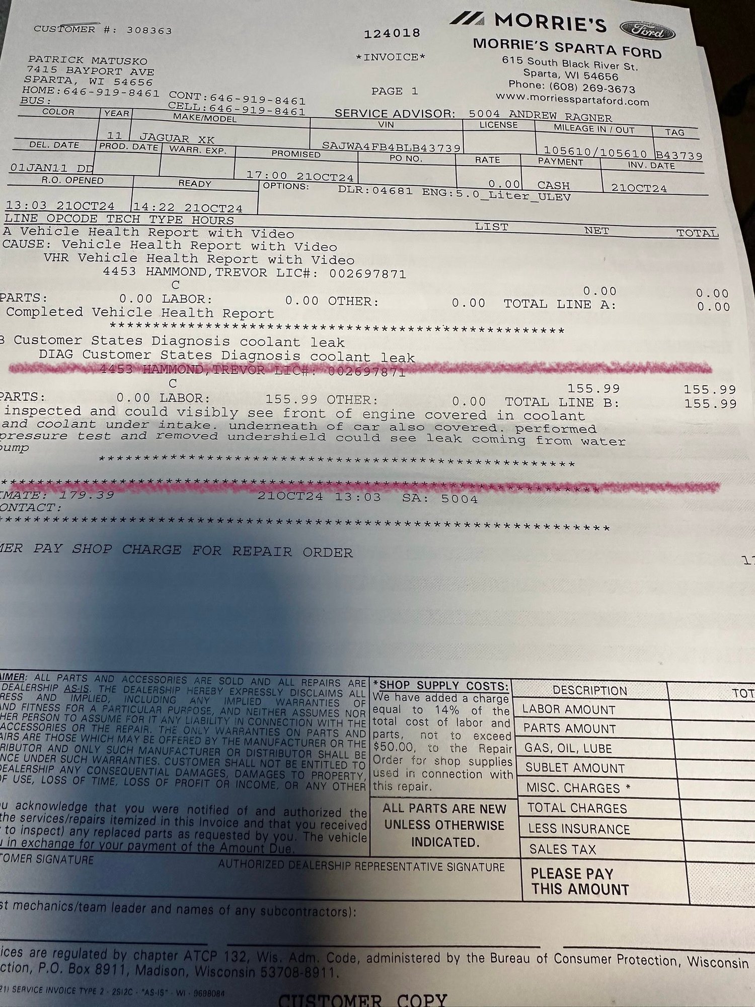 They said the leak is coming from the water pump. He was supposed to put 2 gaskets on the oil cooler pipe and connecting to the oil cooler pipe that is between the Water Pump and Manifold. Should I ask that he transfers the 179.50 to the flange replacement? That now needs to be done? 