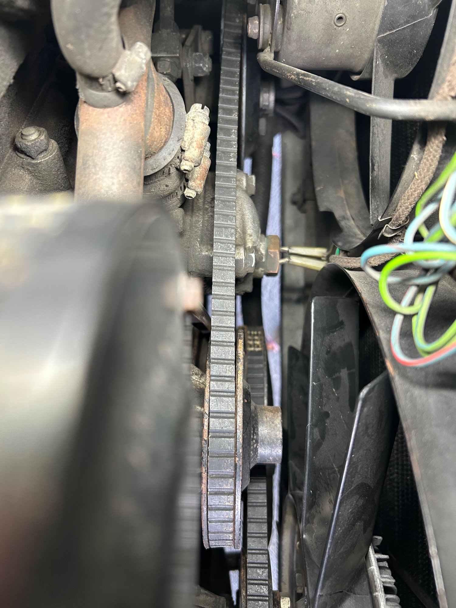 Temp sensor at front of engine with wires to Aux Fan circuit.