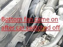 Turn engine off, THEN  lower left fan comes on ! High side pressure drops very fast to safe zone.