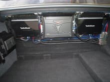 Left to right: front speakers' Rockford Fosgate amp; Kicker subwoofer amp; rear speakers' R.F. amp