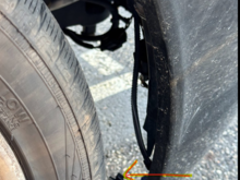 See the sensor which was detached when the fender liner came off my right side wheel. This is causing the Tire Pressure System Fault on dash