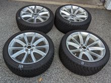 The 4 wheels and tires for sale (note tires numbered with tape for comparison in the photos