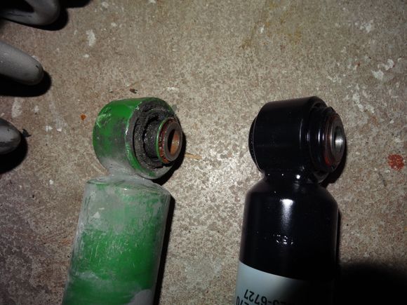 Original rear shock on left with 68k miles. Had a clunk in the rear, caused by bad lower shock bushing.