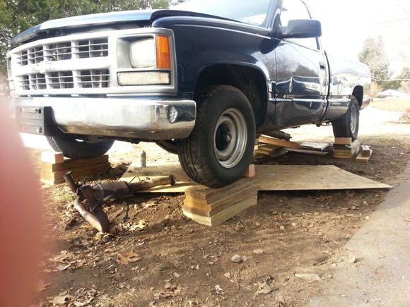 Hillbilly boyeee!! Back in 2018. Pressure treated lumber with exterior screws. I replaced the starter ring. It was a $600 truck. The transmission rolled sideways on the tranny jack and spilled fluid on the plywood that had been snowed upon. Add some speedy dry and you guess the mess. My advice: don't. 