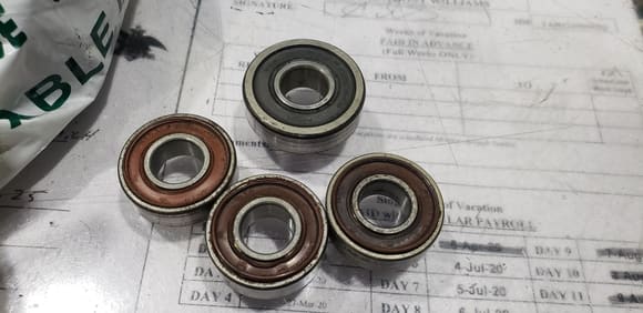 The old bearings will be destroyed. There are 6 pulleys in the XFR belt drive system, 5 are metal and 1 is plastic, only the metal pulleys have replacable bearings.