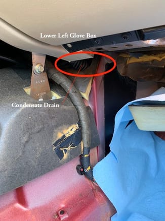 Condensate drain location, passenger footwell compartment carpet removed.  Speculation: one may be able to access this without removing the carpet.