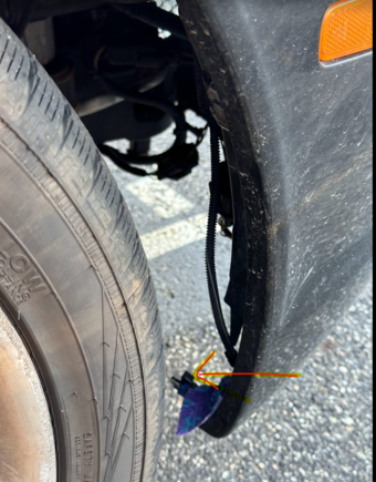 See the sensor which was detached when the fender liner came off my right side wheel. This is causing the Tire Pressure System Fault on dash