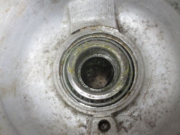 New inner race of the inner hub bearing partially drifted into place on the hub tube.