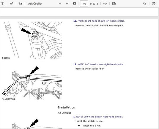 Page 198 of Workshop manual stabilizer bar showing bolt in question. Bolt access removal procedure requiring dropping of subframe.