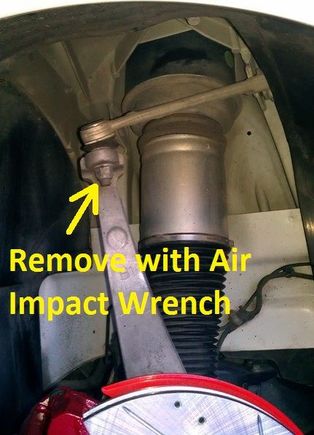 Upper ball Joint, 18mm socket.
Use air impact tool or it will rotate and be difficult to remove.
I had to cut it off with a die grinder.

Place a jack or some type of support under the wheel knuckle to prevent it from dropping. I used a jack to control the movement of the arm.