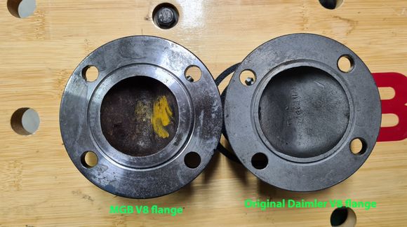 Original Daimler V8 flange on right and the MGB V8 flange on left.