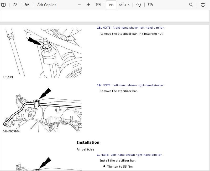 Page 198 of Workshop manual stabilizer bar showing bolt in question. Bolt access removal procedure requiring dropping of subframe.
