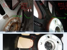 The 2 red circles is the collision point of wheel to caliper
