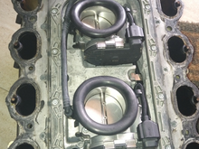 Back cover of intake manifold removed to expose twin throttle body