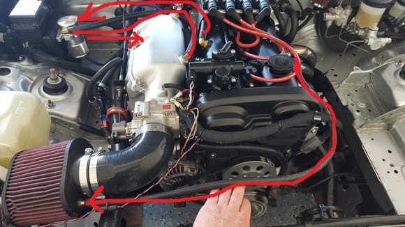 This I think is basically how the factory route is.  EXH side goes pre throttle/post filter, intake valve cover port to catch now to intake mani.  Won't idle even with valve closed and spaz idle. I imagine the stock PCV introduces enough restriction maybe to idle or I'm all screwed up.