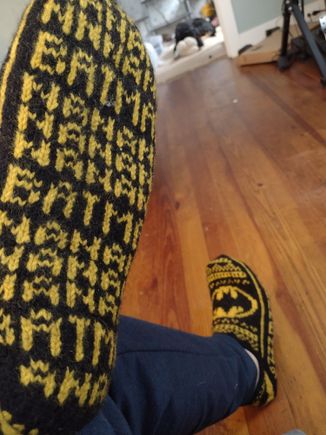 Batman nordic slippers knitted by the missus for xmas