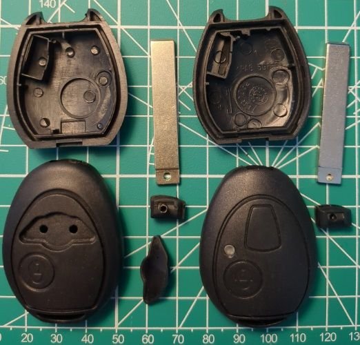 Shells ordered from 2 different sellers on AliExpress. Each was about $4. On the left, close to the original. On the right, allows the indicator LED to shine through. Both attach the key blade differently, the roll pin attaches the key to a small plastic insert that clips into the end of the key handle. Mini badges for the one on the left must be bought separately, and are sold on size. Itll be listed as 