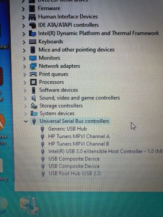 Here is my device manager showing noncoms listed, however when the HPT is plugged in it shows channel 1 & 2 under the USB controller tab.   