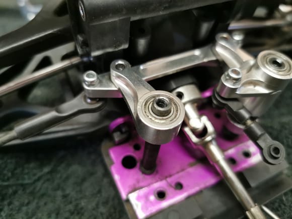 The new ballraced, alloy, steering assembly - note the need for a spacer on the left Crank. 