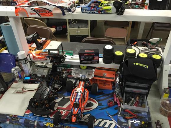 My pit set up at the Presidential Offroad Electric Race at Leisure Hours Raceway.  Also installing new electronics in the Xray.