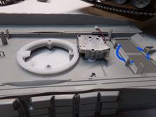 Removed the Trumpeter speaker mount as it will not be used (blue lines). The turret ring is the one that comes with the Trumpeter kit and it has the same gear profile of a Heng Long rotation unit.
