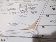 The plans specified 1/16" ply dorsal fin fillet.  I substituted it with 1/4" thick balsa.  Too much filler would have to be used if I had used the thinner fillet.  I understand filler is sometimes a necessary evil, but I do my best to limit its use.