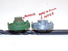 Due to how far the brace sticks out I had to remove part of the sprocket hub.  I removed the brass bushing from the plastic sprocket and bored the idler to 8mm on my lathe to accept the brass bushing.  I may fit bearings later, but the bushing is fine for now.