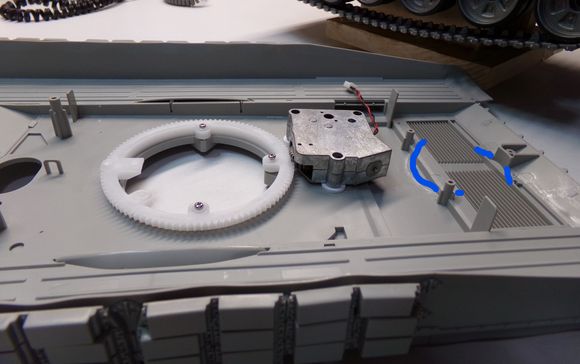 Removed the Trumpeter speaker mount as it will not be used (blue lines). The turret ring is the one that comes with the Trumpeter kit and it has the same gear profile of a Heng Long rotation unit.
