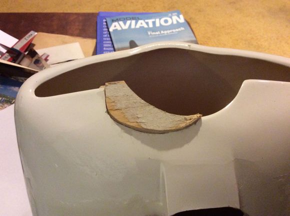 OK.... balsa plug installed.  Ready for sanding to shape.
I used "Foam-Cure" by Bob Smith Industries cuz I thought it would be easier to remove when I have to reglue the plug with the monocote applied.  It seems to be holding well, and still soft enough to easily remove.