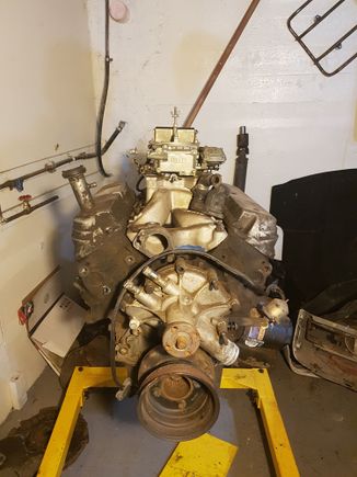 Engine on the stand with new intake and carb sitting on it. Soon be time for paint and new goodies including rebuilt gt40 heads