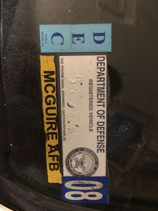 Stickers on the windshield from McGuire Airforce Base circa 2008. 