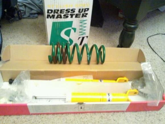 tein S tech springs (1inch drop) and koni adjustable yellows shocks (lower perch, but contemplating the stock perch so i dont scrape everywhere!)