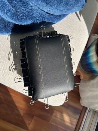 The leather pieces are pre-cut with little to no foam in mind so I had to stretch and pray. A heat gun helped a lot. Clips were essential. I ordered yellow stitching to match the exterior. 