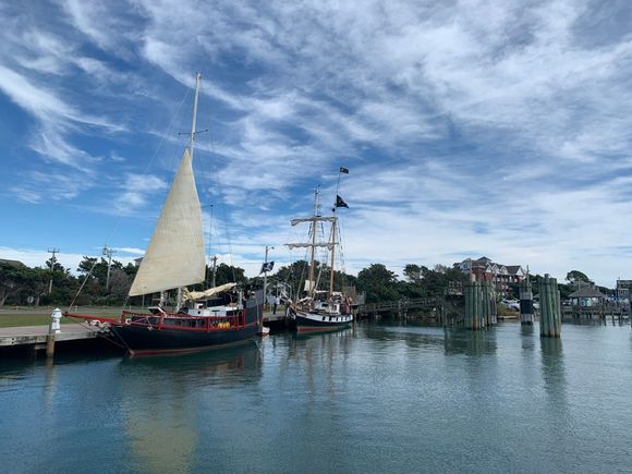 Pirate ships in the harbor. 