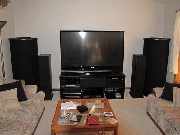 Current home theater set up W/self built cylindrical subs
