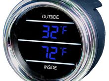 Inside Outside Auto Thermometer Gauge for Trucks and Cars dual display

Product page: goo.gl/wq9Ipv

The Digital Dual Display Inside and Outside Temperature gauge accurately displays the temperature inside and outside of your car, truck or semi at the same time.  Teltek USA gauges are best in class and backed by over 20 years of design and manufacturing.
Made in the USA and secured with a Lifetime Warranty
Press button on gauge display to switch between Fahrenheit and Celsius
Temp range Fahrenheit: -99°F to 150°F (±1°F accuracy)
Temp range Celsius: -76°C to 65°C (±0.5°C accuracy)
Two (2) 10' plug sensor cables for taking temperature readings (cable is easily replaced if damaged)
Mounts in the standard 2 1/16" hole which fits most dashes.  If 2 1/16" hole not available, can install in a mounting bracket, display or pillar.  Or try one our self-enclosed box temperature gauges.
Easy installation instructions included (as little as 20 min installation time)
Compatible with any vehicle with 12vdc power
Lifetime warranty, excluding abuse and the sensor cable
When temp drops to 34° F the gauge will flash "ICE"  then return to normal temp monitoring. The "ICE" warning will not flash again until the temp rises to 37° F and drops back to 34° F again.