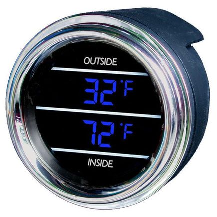 Inside Outside Auto Thermometer Gauge for Trucks and Cars dual display

Product page: goo.gl/wq9Ipv

The Digital Dual Display Inside and Outside Temperature gauge accurately displays the temperature inside and outside of your car, truck or semi at the same time.  Teltek USA gauges are best in class and backed by over 20 years of design and manufacturing.
Made in the USA and secured with a Lifetime Warranty
Press button on gauge display to switch between Fahrenheit and Celsius
Temp range Fahrenheit: -99°F to 150°F (±1°F accuracy)
Temp range Celsius: -76°C to 65°C (±0.5°C accuracy)
Two (2) 10' plug sensor cables for taking temperature readings (cable is easily replaced if damaged)
Mounts in the standard 2 1/16" hole which fits most dashes.  If 2 1/16" hole not available, can install in a mounting bracket, display or pillar.  Or try one our self-enclosed box temperature gauges.
Easy installation instructions included (as little as 20 min installation time)
Compatible with any vehicle with 12vdc power
Lifetime warranty, excluding abuse and the sensor cable
When temp drops to 34° F the gauge will flash "ICE"  then return to normal temp monitoring. The "ICE" warning will not flash again until the temp rises to 37° F and drops back to 34° F again.