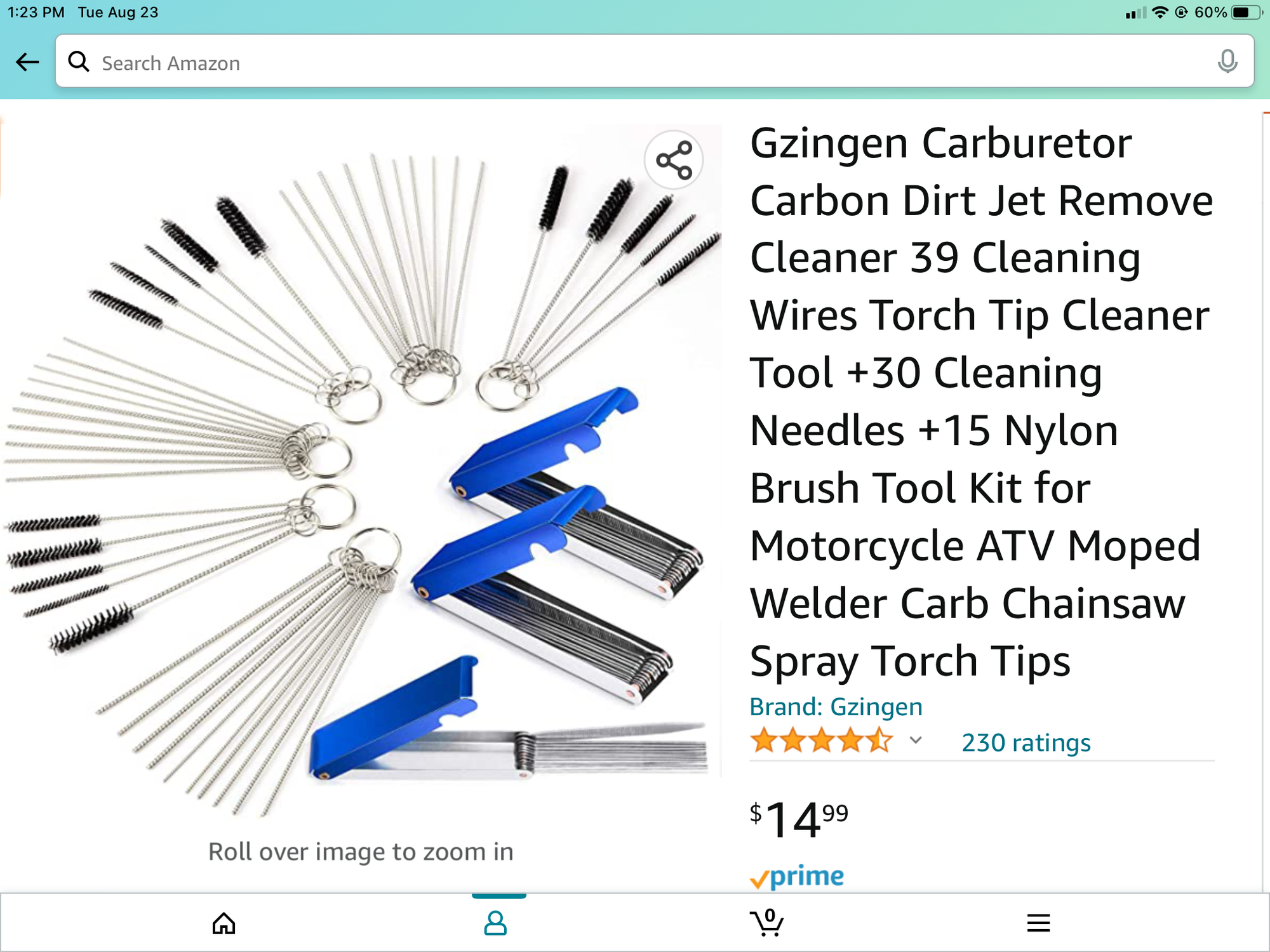 Set of 6 Carburetors Carbon Dirt Jet Remove Cleaner, 39 Pieces Wire Torch  Tip Cleaner Tool, 30 Pieces Needles and 15 Pieces Brushes Cleaning Tool Kit