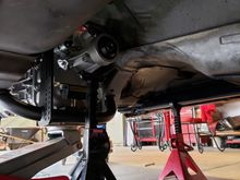 With the trans pushed up (better shifter placement too) you can see the gap I need to fill between the mount and the BMR cross member. 