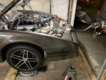 Had to use my truck with a hand winch to pull the car up onto the turn tables. Sketch balls but it worked lol. 